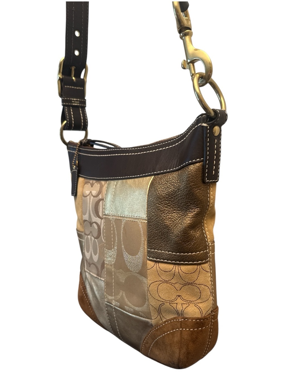 Coach Hobo Patchwork Signature Crossbody in Brown and Gold Tones - Picture 3 of 11